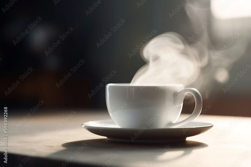 Obraz premium White Coffee Cup on Wooden Table Top with Living Room Background. Copy Space for Home Concept