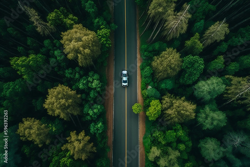 Aerial view green forest with car on the asphalt road  Car drive on the road in the middle of forest trees  Forest road going through forest with car Generative AI