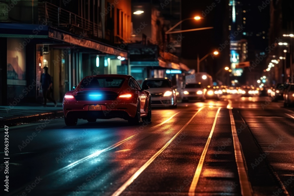 Photo of night city lights and traffic speeding by cars. Bokeh effect background. Generative AI