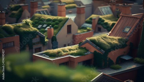 Urban farming plants on the roofs of houses, urban environment. Generated AI photo