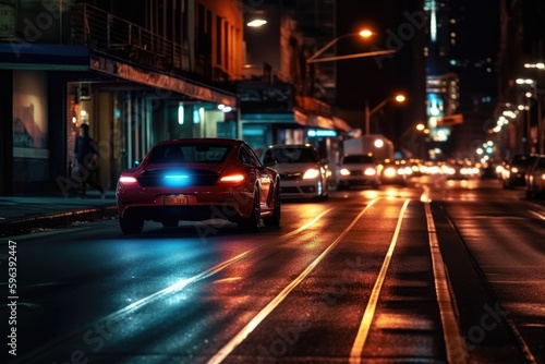 Photo of night city lights and traffic speeding by cars. Bokeh effect background. Generative AI © Mustafa