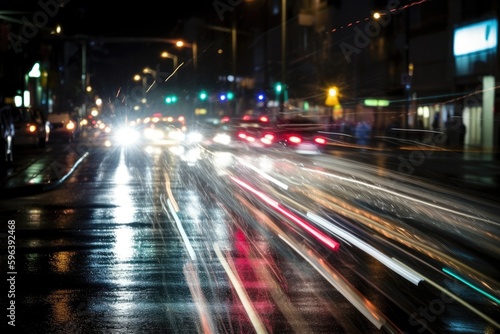 Photo of night city lights and traffic speeding by cars. Bokeh effect background. Generative AI