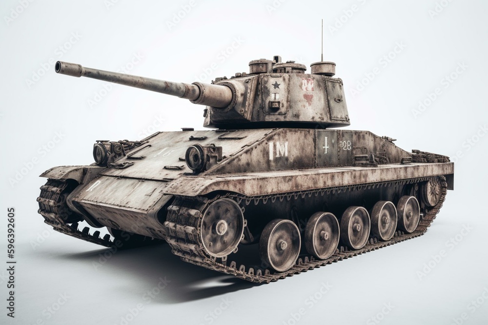 A tank from the World War era on a white backdrop. Generative AI