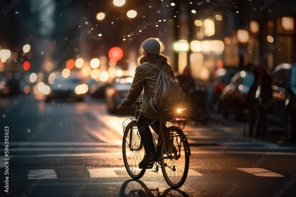 Photo of a person riding a bike in the city crowd under the lights at night in the city, and among the crowds of people. Generative AI. Photo of a person riding a bike in the city crowd under the lights at night in the city, and among the crowds of people. Generative AI.