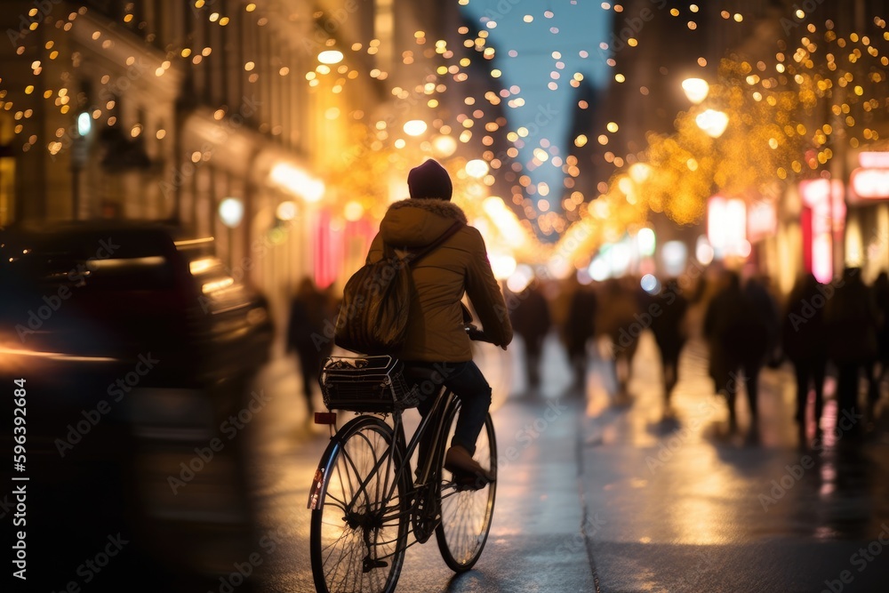 Photo of a person riding a bike in the city crowd under the lights at night in the city, and among the crowds of people. Generative AI. Photo of a person riding a bike in the city crowd under the lights at night in the city, and among the crowds of people. Generative AI.