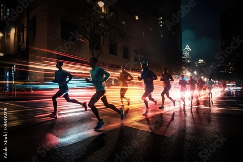 Photo of an athletes jogging in front of bokeh lights at night in the city. Generative AI