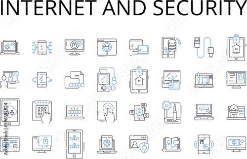 Internet and security line icons collection. Cybersecurity, Online protection, Web security, Digital safety, Firewall, Data encryption, Malware prevention vector and linear illustration. Generative AI