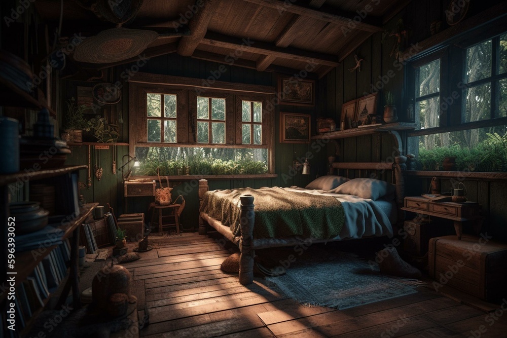 A forest cabin's bedroom. Generative AI