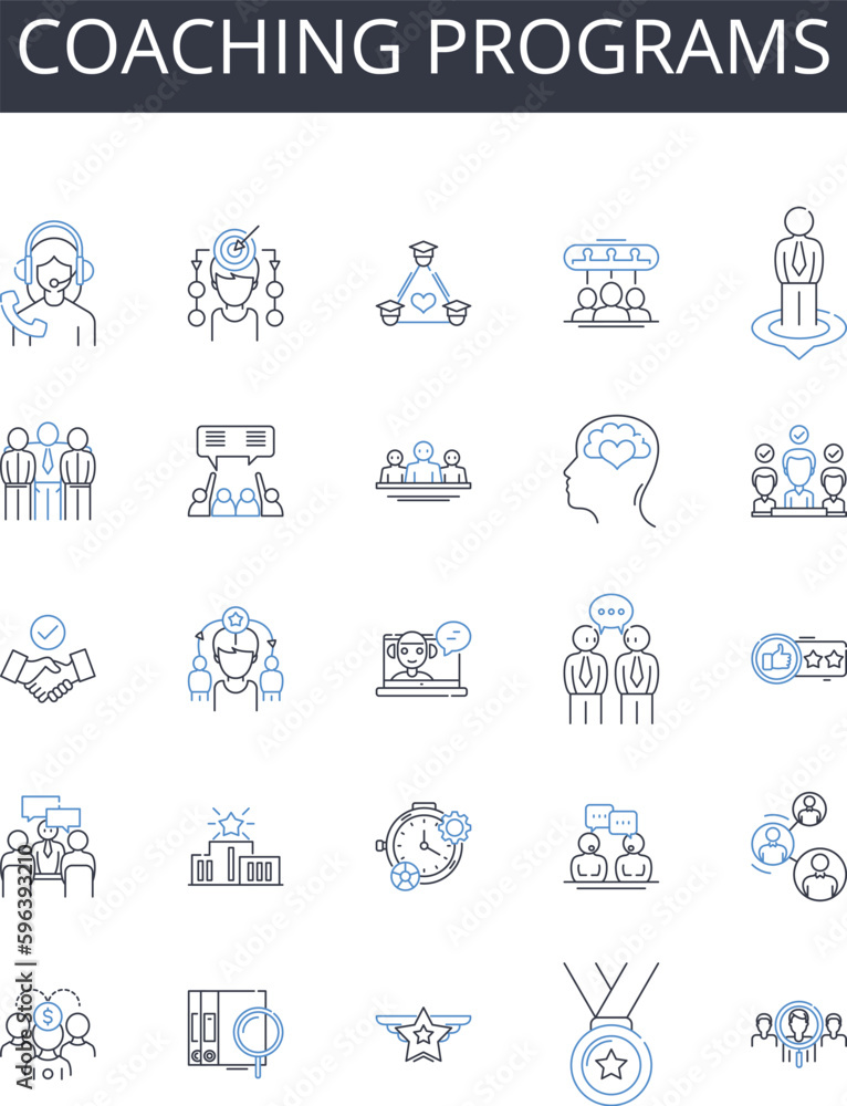 Coaching programs line icons collection. Leadership training, Professional development, Career coaching, Team-building, Executive education, Strategic planning, Skill-building vector and Generative AI