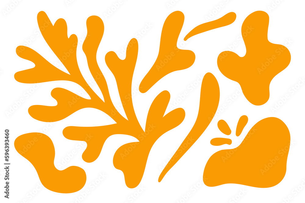 Naklejka premium Matisse abstract floral algae shapes in trendy contemporary organic style. composition Doodle painted aestethic flower and leaf. Botanic vector illustration in yellow color on the white background.