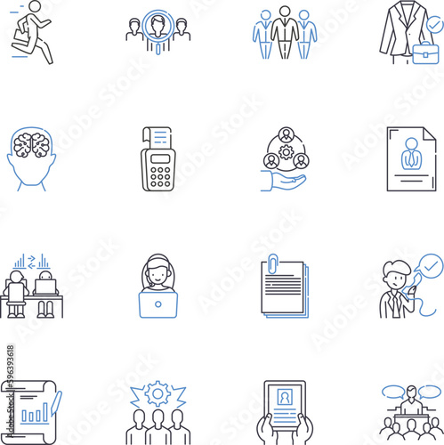 Project management and implementation line icons collection. Planning, Execution, Deliverables, Timeline, Resources, Budget, Scope vector and linear illustration. Generative AI