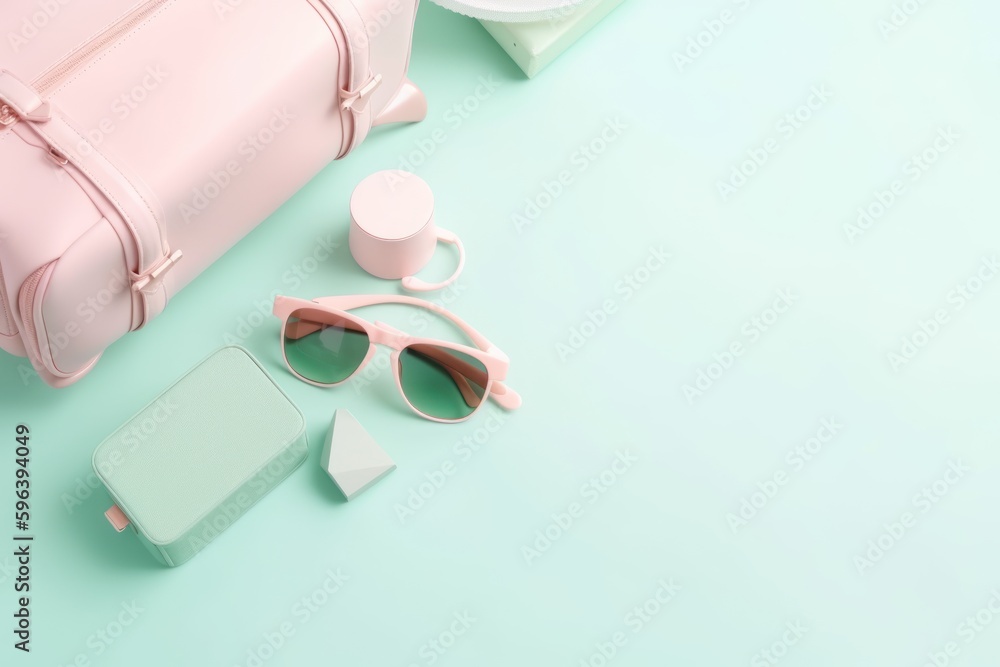Suitcase with sunglasses on pastel blue background minimal creative vacation holidays trip plane map pin. travel concept Suitcase with sunglasses on pastel blue background minimal creative vacation holidays trip plane map pin. travel concept
