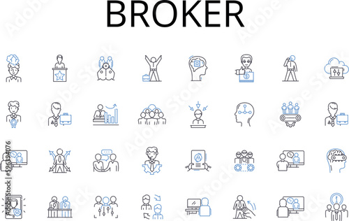 Broker line icons collection. Agent, Dealer, Representative, Intermediary, Negotiator, Facilitator, Liaison vector and linear illustration. Middleman,Arbiter,Advocate outline signs set Generative AI