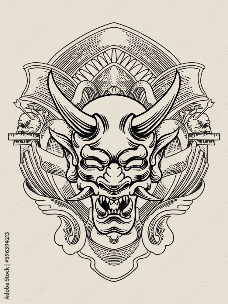 head illustration with engraving ornament head illustration with engraving ornament
