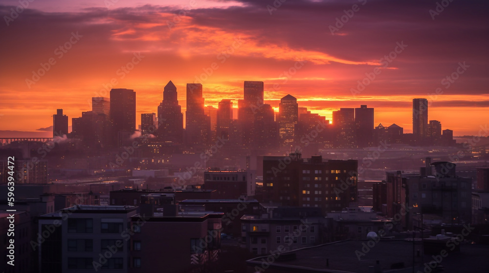 A beautiful sunset over a city skyline, with the sky awash in warm oranges, pinks, and purples, and the buildings silhouetted against the colorful sky - ai generative