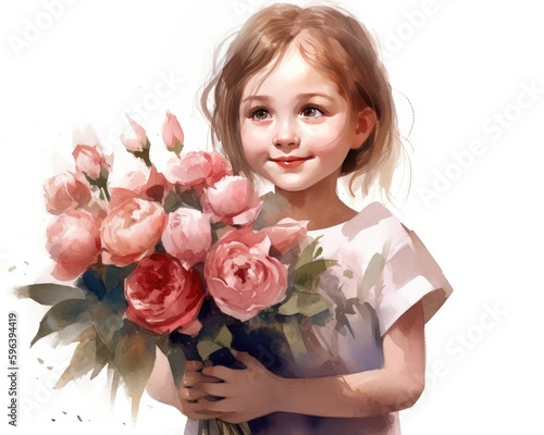 A happy little girl holding a bouquet of roses