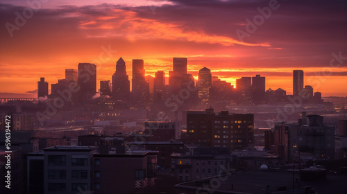 A beautiful sunset over a city skyline  with the sky awash in warm oranges  pinks  and purples  and the buildings silhouetted against the colorful sky - ai generative