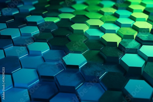 3D rendering of vibrant green and blue hexagon pattern. Generative AI