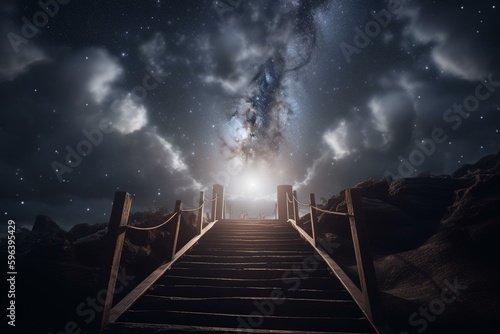A staircase rises to a celestial sky with shining light. Generative AI