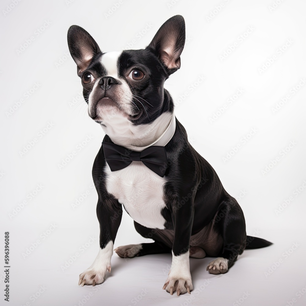 Cute Canino in an Elegant Tuxedo: A Portrait of a Pet Dog Isolated on a White Background with an Attached Bow Tie and Whiskers. Generative AI Cute Canino in an Elegant Tuxedo: A Portrait of a Pet Dog Isolated on a White Background with an Attached Bow Tie and Whiskers. Generative AI