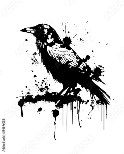 Dark ink pen hand drawn zoo corvidae corone tail feather emblem design retro art doodle pencil cartoon contour print style. Black crow ink pen. Vector illustration