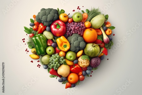 Cardiovascular Care: Horizontal Abstract Realistic Illustrated Love Heart of Fresh Vegetables and Fruits on Light Background: Generative AI © AIGen