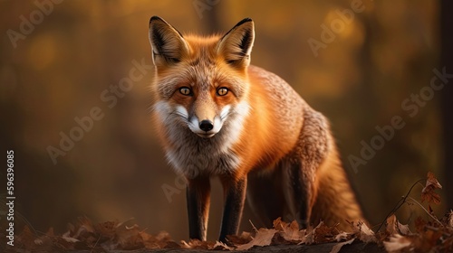 Common Red Fox Vixen Hunts and Stares in the Orange Glow of Autumn Sunrise. Generative AI