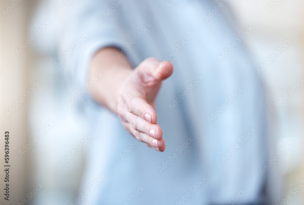 Fototapeta premium An honour to meet you. Shot of an unrecognisable businesswoman reaching out to shake hands in a modern office.