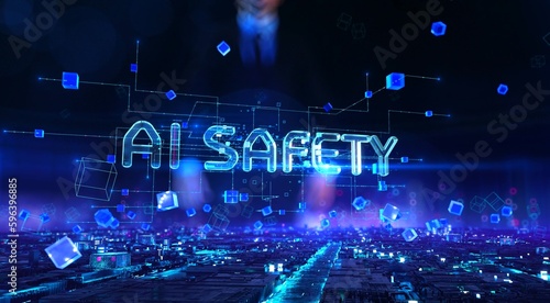 AI Safety- businessman working and touching with virtual reality at night office