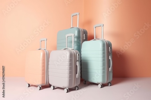 Suitcases on pastel background minimal creative vacation holidays trip plane map pin. travel concept