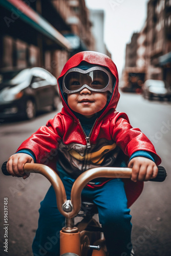 A toddler riding a tricycle while wearing a superhero cape and mask, with a determined expression on their face, as if on a mission to save the world - ai generative