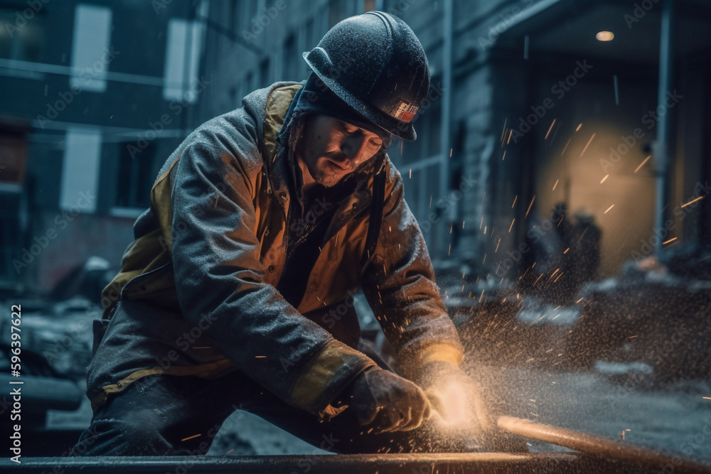 A construction worker drilling into concrete with sparks flying - ai generative A construction worker drilling into concrete with sparks flying - ai generative