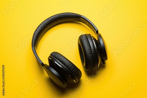 Headphones on a yellow background. Creative promotional photo earphones.