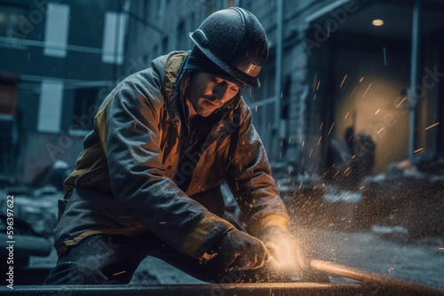 A construction worker drilling into concrete with sparks flying - ai generative