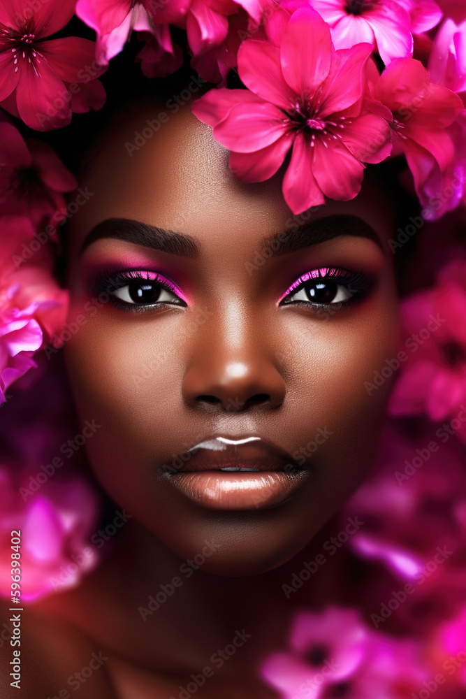 Not real Person. Portrait of a beautiful young african woman's face with pink makeup surrounded with many flower blooms. Generative AI Not real Person. Portrait of a beautiful young african woman's face with pink makeup surrounded with many flower blooms. Generative AI