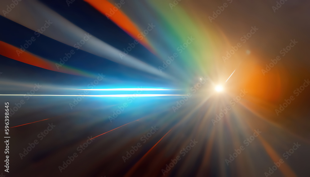 Glowing light. Digital background. Abstract design. Optical blurred rays of rainbow halo shining glare flickers on dark blue shadow illustration banner.