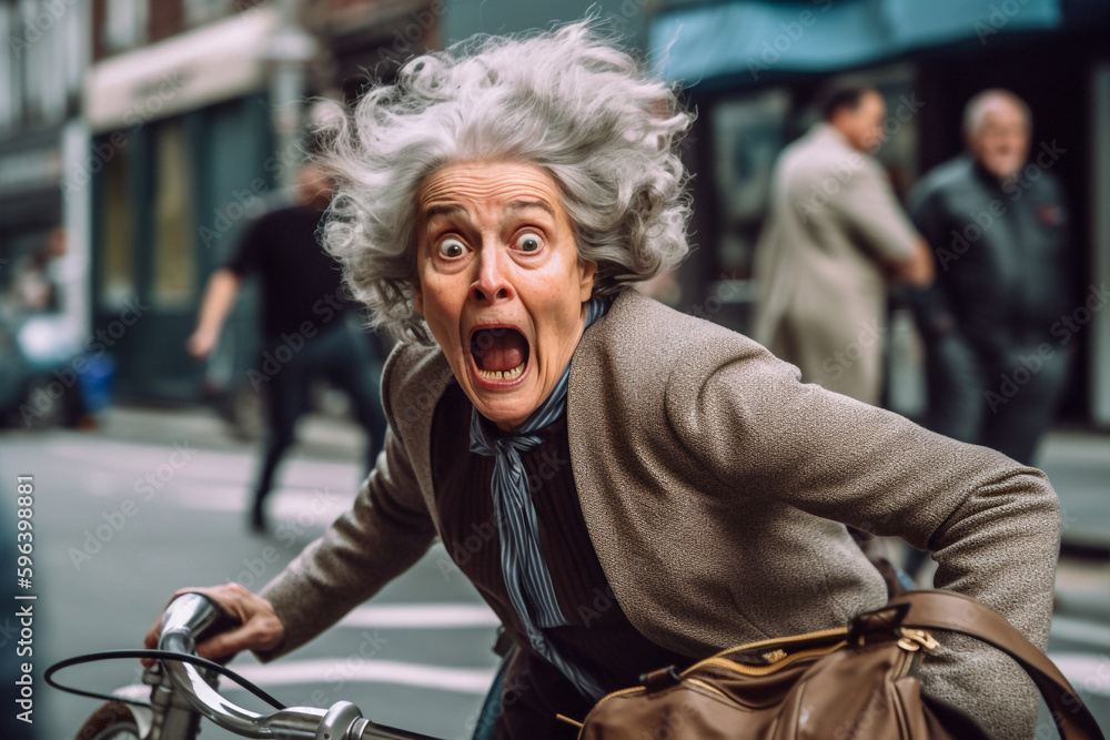 An elderly woman riding a bicycle gets scared and has a fearful expression on her face - ai generative - obrazy, fototapety, plakaty 