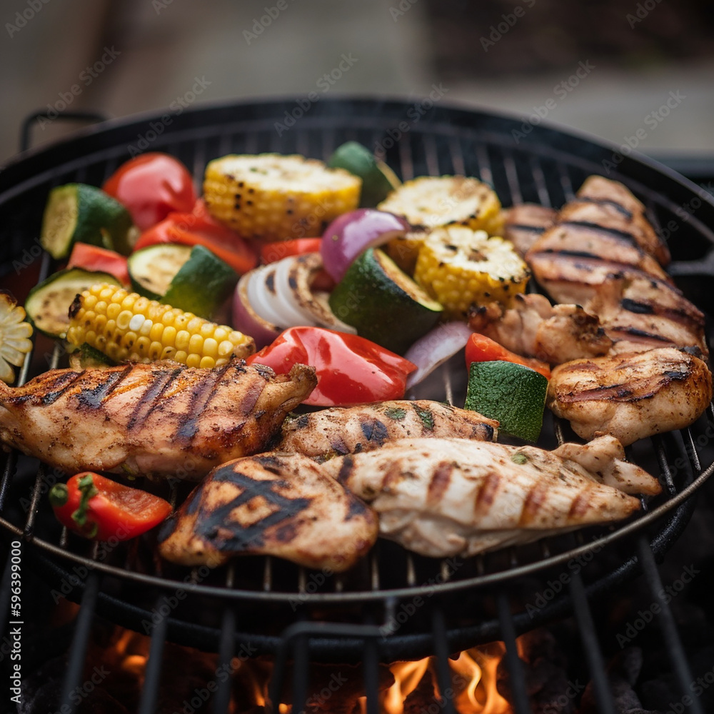 grilled chicken and vegetables on homemade backyard grill grilled chicken and vegetables on homemade backyard grill