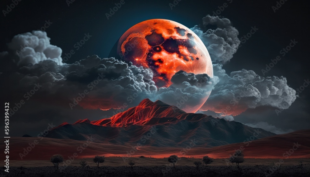 Blood moon or red moon in the night time sky with clouds concept