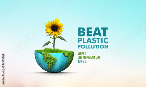 #BeatPlasticPollution, World Environment day concept 2023 3d tree background. fingerprint icon paper cut banner with green forest.  photo