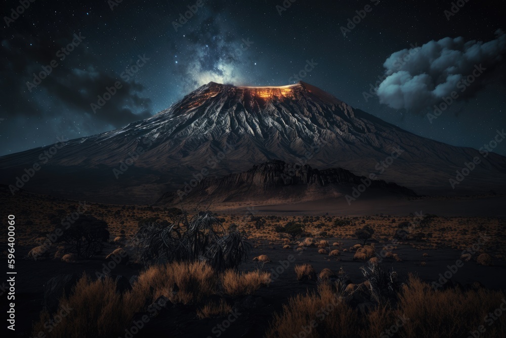 The majestic Mount Kilimanjaro at night, illuminated by the galaxy and a blanket of sparkling stars. Ai generated image