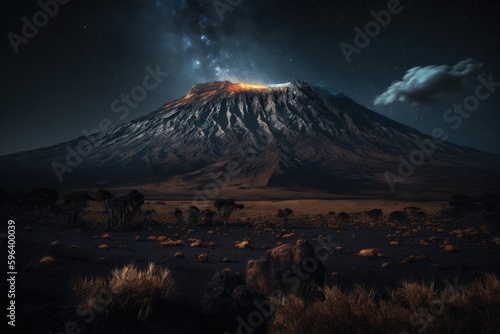 The majestic Mount Kilimanjaro at night, illuminated by the galaxy and a blanket of sparkling stars. Ai generated image © STORYTELLER