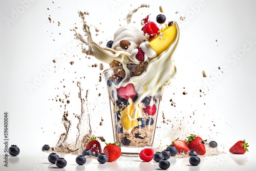 Splashing fruits Milkshake  in a glas, on white background, AI generated photo