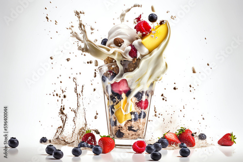 Splashing fruits Milkshake  in a glas, on white background, AI generated