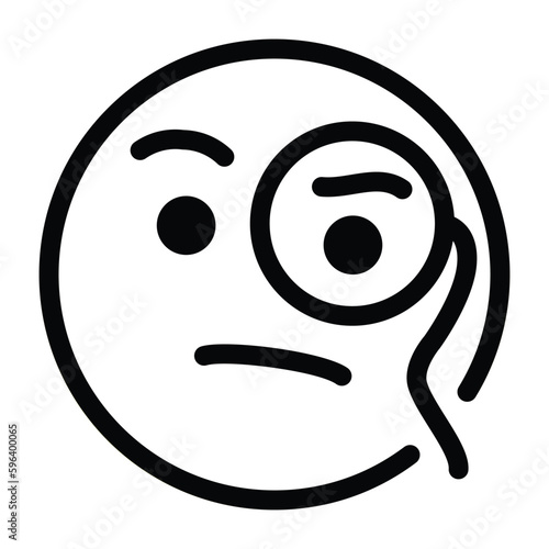 Face with Monocle Vector Emoji Icon. Isolated yellow face with furrowed eyebrows wearing a monocle. Pondering, considering, sophistication, smug intelligence, smarty-pants face sign sticker design.