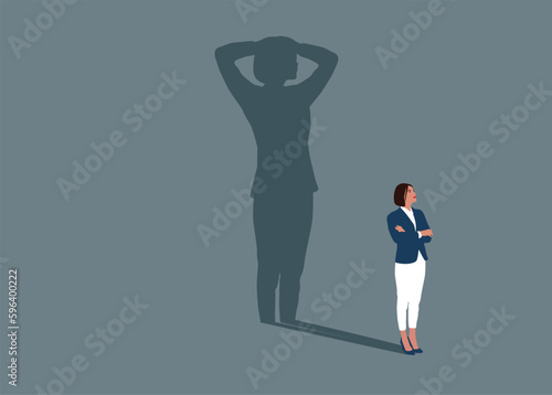 Confident businesswoman standing with fear shadow. Lack of self confidence at work. Impostor syndrome problem. Flat vector illustration.