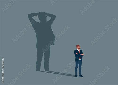 Confident businessman standing with fear shadow. Lack of self confidence at work. Impostor syndrome problem. Flat vector illustration.