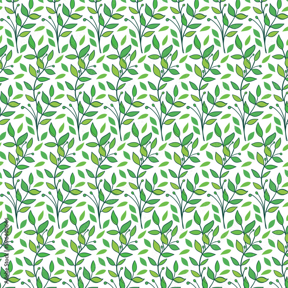 Seamless floral pattern with twigs. Botanical background, repeating prints. Blooming herbs texture design for your design. Hand drawn vector illustration