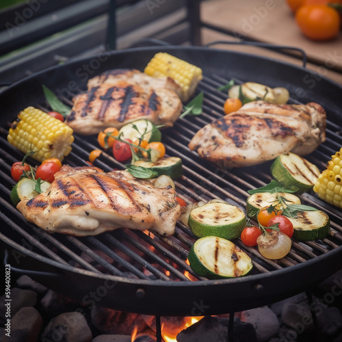 grilled chicken and vegetables on homemade backyard grill