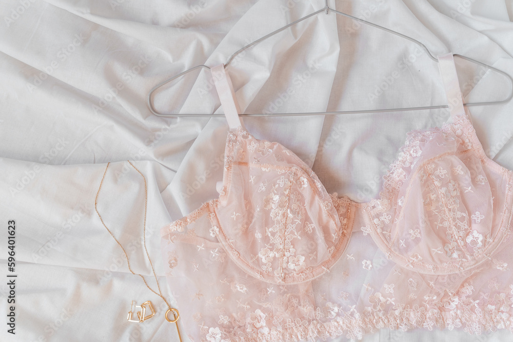 Gentle pink lace bra on the bed. Women tender lingerie, underwear. Top view, close up. Flat lay, beauty blog or social media minimal concept. Present for Valentines, Women’s day Gentle pink lace bra on the bed. Women tender lingerie, underwear. Top view, close up. Flat lay, beauty blog or social media minimal concept. Present for Valentines, Women’s day